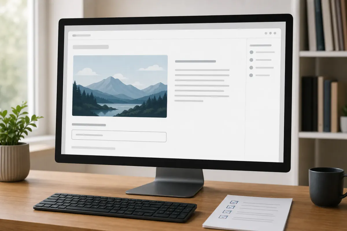 Browser article layout with an image, a short alt-text field, and an accessibility review checklist