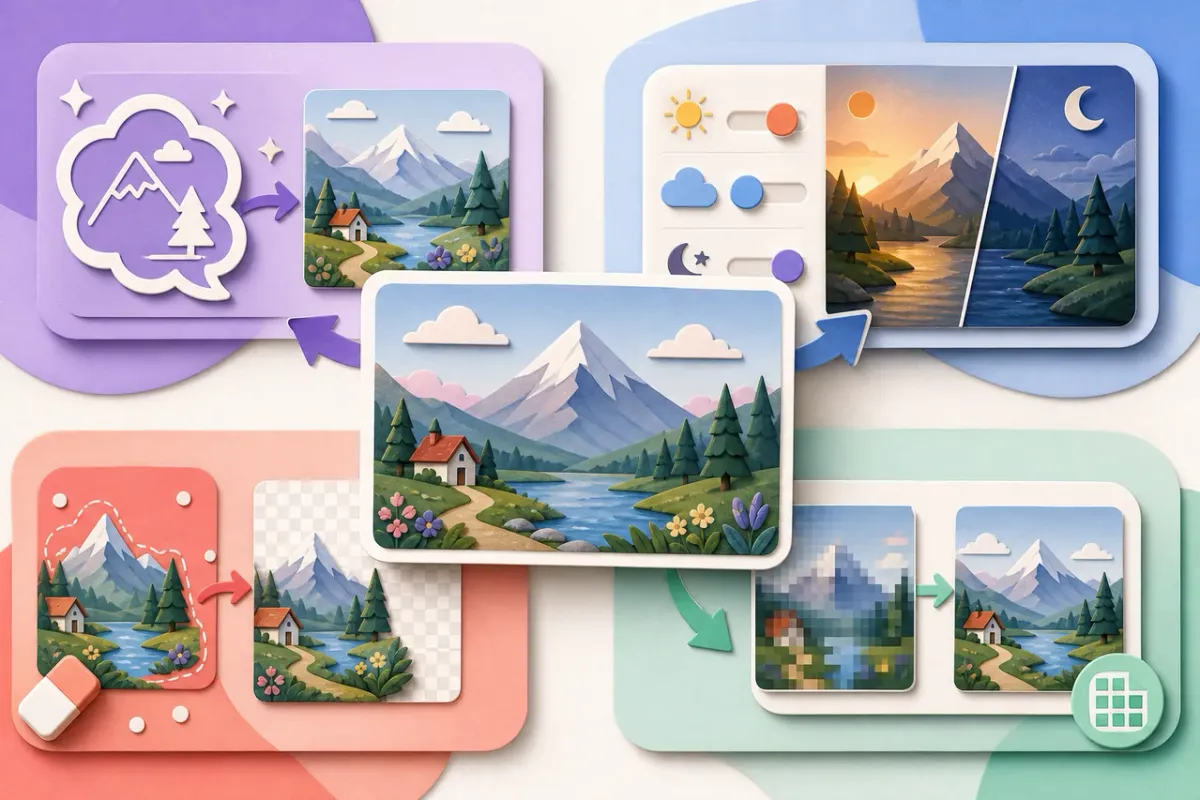 Four illustrated image workflows for generation, editing, background removal, and upscaling around a central landscape