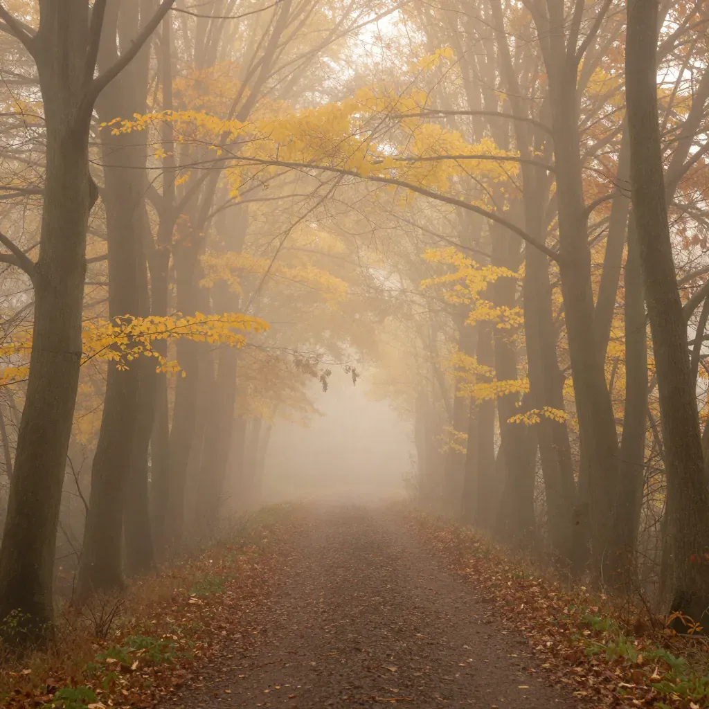 AI-generated autumn woodland path with a bright misty center and dark tree trunks at the sides