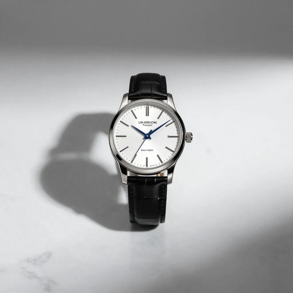 AI-generated watch concept on a pale surface, with irregular dial text and a strong leftward shadow