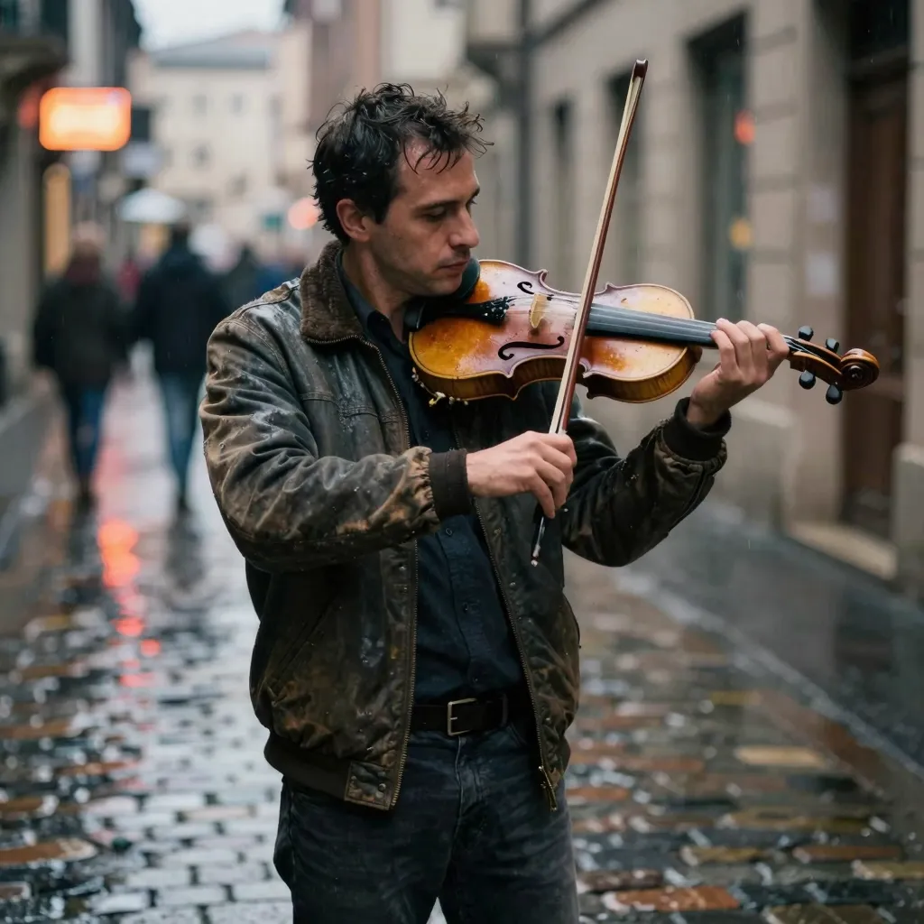 Street Violinist in the Rain — AI-generated image example