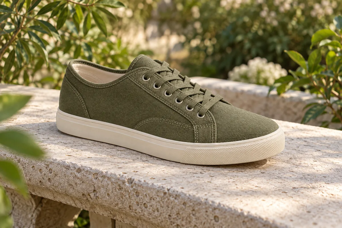 Olive canvas sneaker with visible stitching on a pale stone garden bench