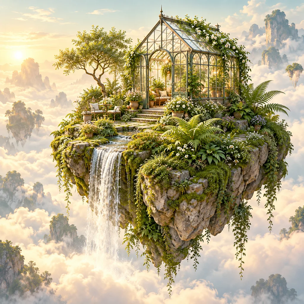 AI-generated floating garden with a glass greenhouse, used to discuss image framing and display size